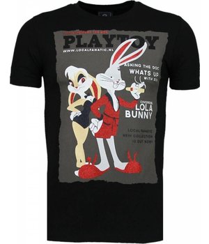 Local Fanatic Playtoy Bunny - Rhinestone T-shirt - Zwart