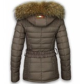 Milan Ferronetti Winterjassen - Dames Winterjas Ribbel - Leerstuk Zakken Met Riem - Beige