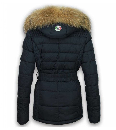 Milan Ferronetti Winterjassen - Dames Winterjas Lang - Leerstuk Steekzakken Met Riem - Navy