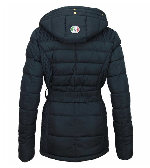 Milan Ferronetti Winterjassen - Dames Winterjas Lang - Leerstuk Steekzakken Met Riem - Navy