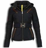 Milan Ferronetti Winterjassen - Dames Winterjas Kort - Leerstuk 4 Zakken Met Riem - Navy/Zwart