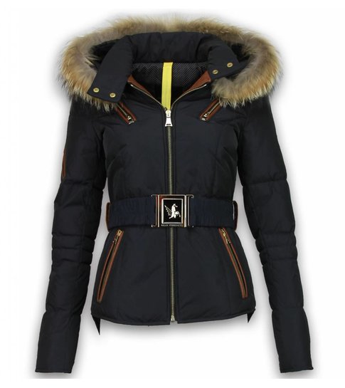 Milan Ferronetti Winterjassen - Dames Winterjas Kort - Leerstuk 4 Zakken Met Riem - Navy/Zwart