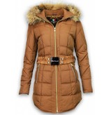 Milan Ferronetti Winterjassen - Dames Winterjas Lang - Ruitenmotief Stiksel Met Riem - Bruin