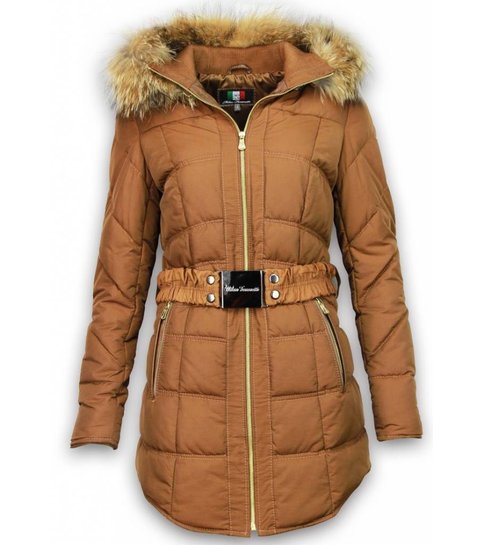 Milan Ferronetti Winterjassen - Dames Winterjas Lang - Ruitenmotief Stiksel Met Riem - Bruin