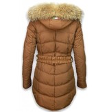 Milan Ferronetti Winterjassen - Dames Winterjas Lang - Ruitenmotief Stiksel Met Riem - Bruin