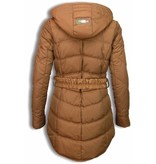 Milan Ferronetti Winterjassen - Dames Winterjas Lang - Ruitenmotief Stiksel Met Riem - Bruin