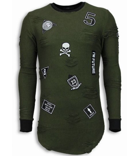 JUSTING Military Patches Trui - Long Fit Sweater Shirt - Groen