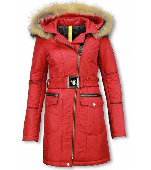 Milan Ferronetti Lange Winterjas met Bontkraag Dames - Vrouwen winter parka jas -Rood