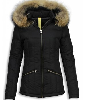 Milan Ferronetti Zwarte Winterjas Dames met Bontkraag -Navy /Zwart