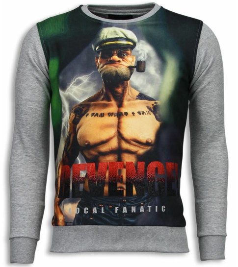 Local Fanatic Popeye Revenge - Digital Rhinestone Sweater - Licht Grijs