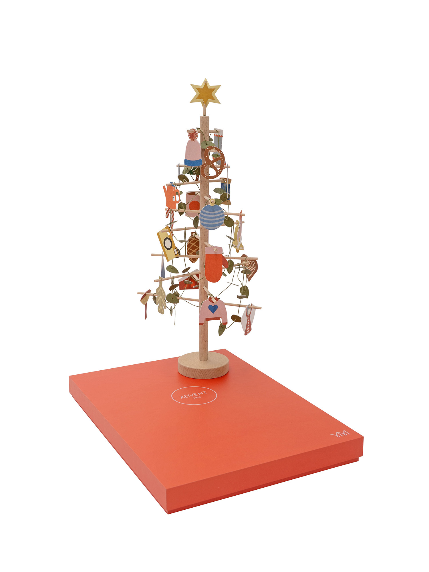 Jurianne Matter ADVENT tree - houten boompje als Adventkalender met voor elke dag van december een ornamentje van dik papier.