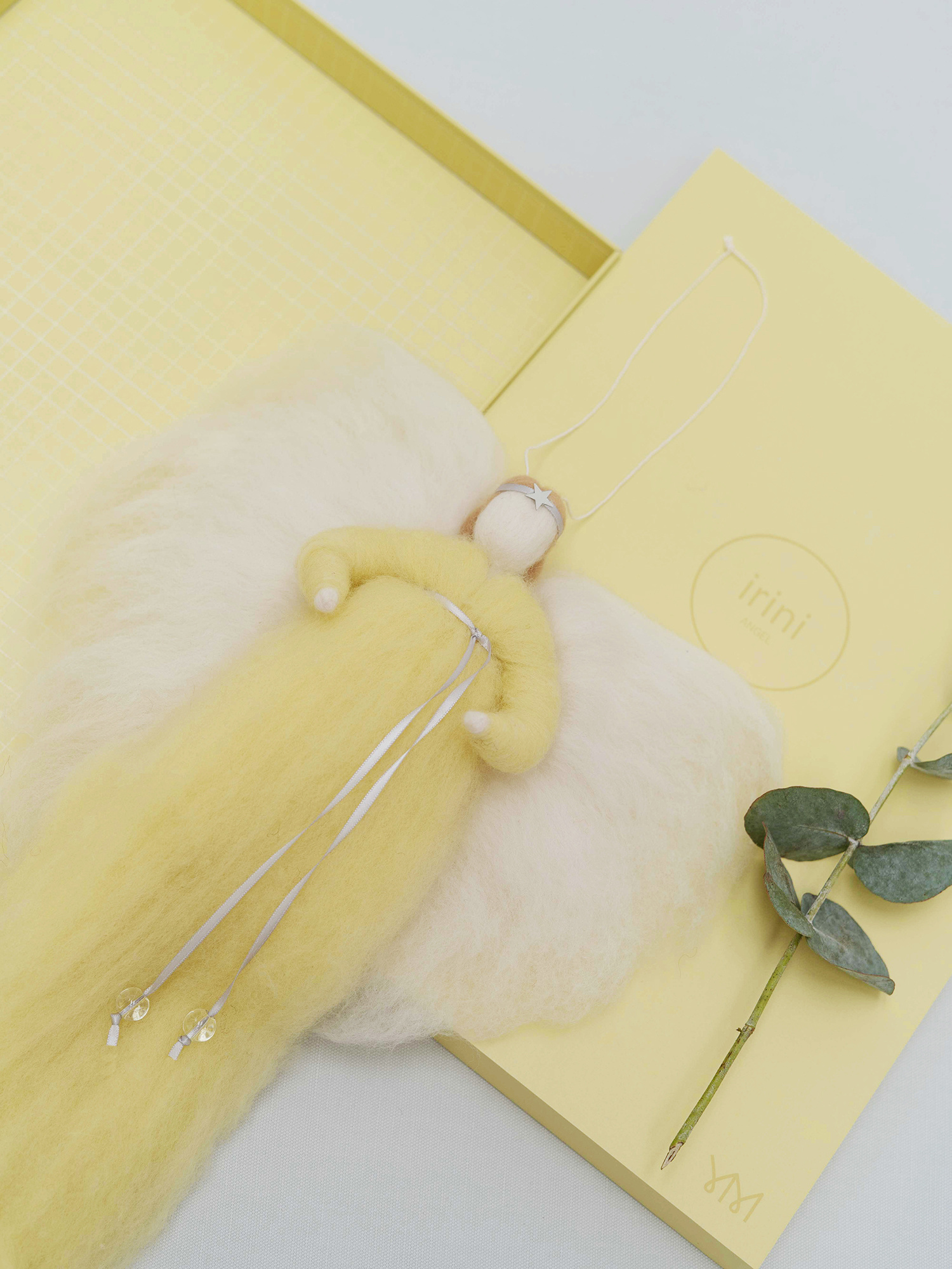 IRINI wool angel - pale yellow | handmade 30 cm merino wool angel in gift box