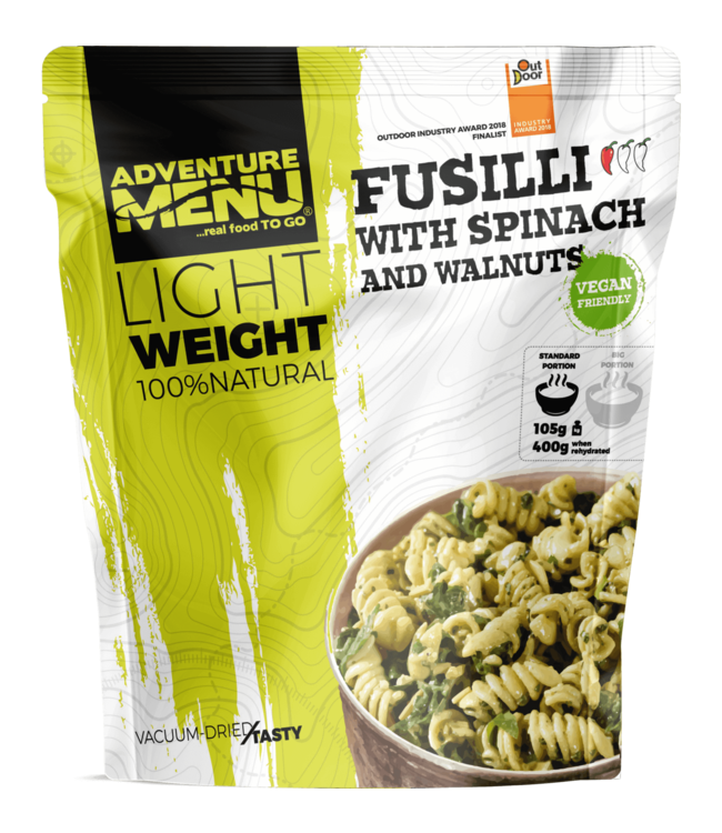 Adventure Menu Fusilli with spinach and walnuts