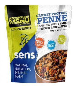 Adventure Menu Cricket protein penne in sauce with beans, spinach and olives