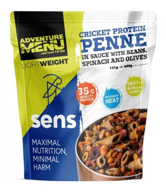 Adventure Menu Cricket protein penne in sauce with beans, spinach and olives