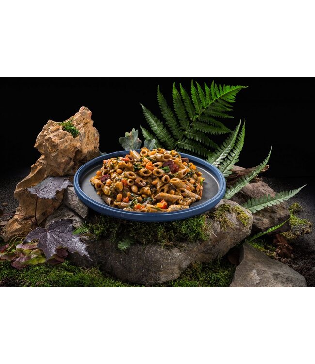 Adventure Menu Cricket protein penne in sauce with beans, spinach and olives