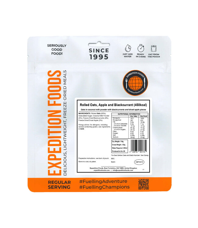 Expedition Foods Vegan Rolled Oats, Apple and Blackcurrant