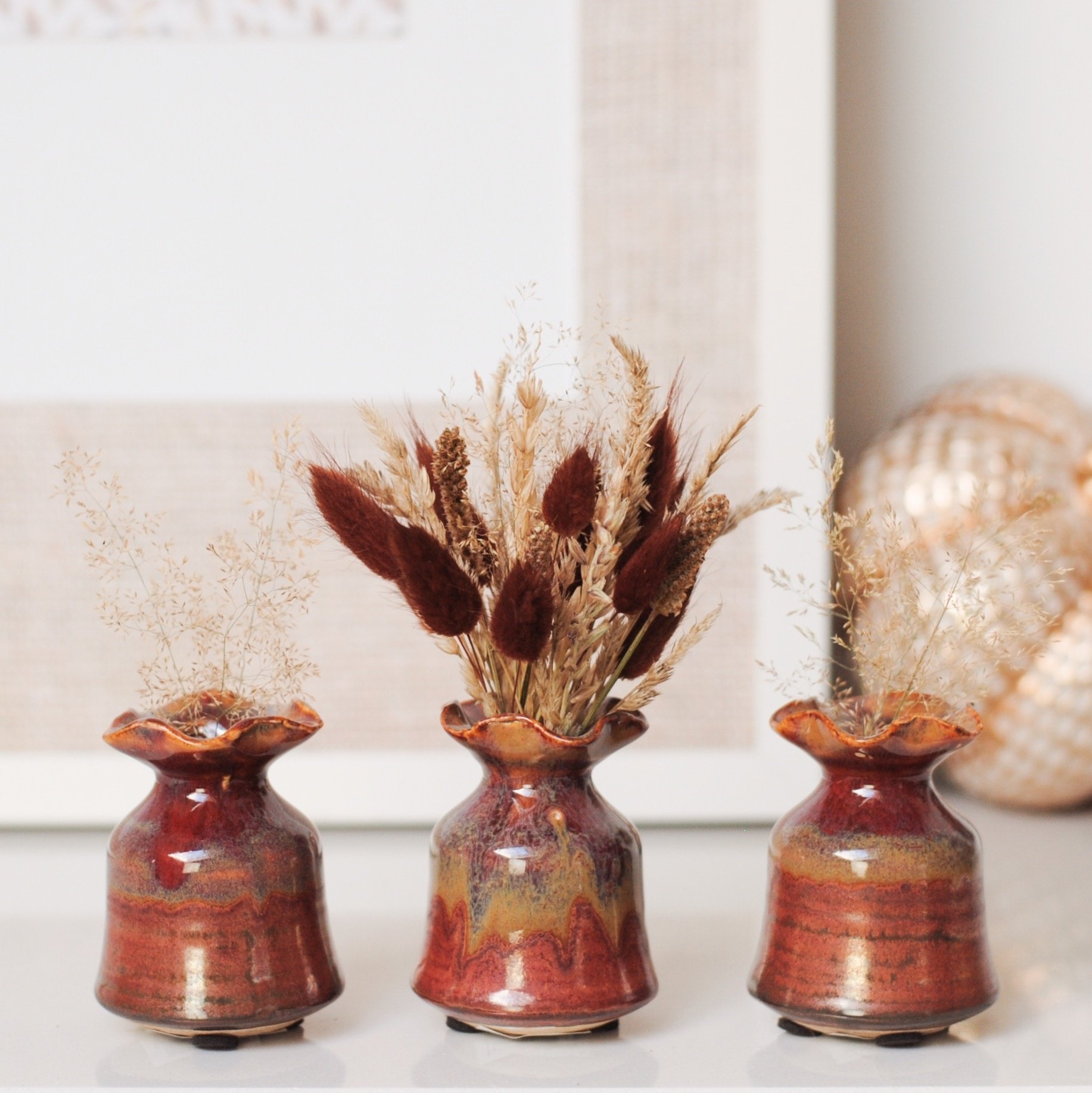 THREE LITTLE VASES & FLOWERS - GLAZED BURGUNDY