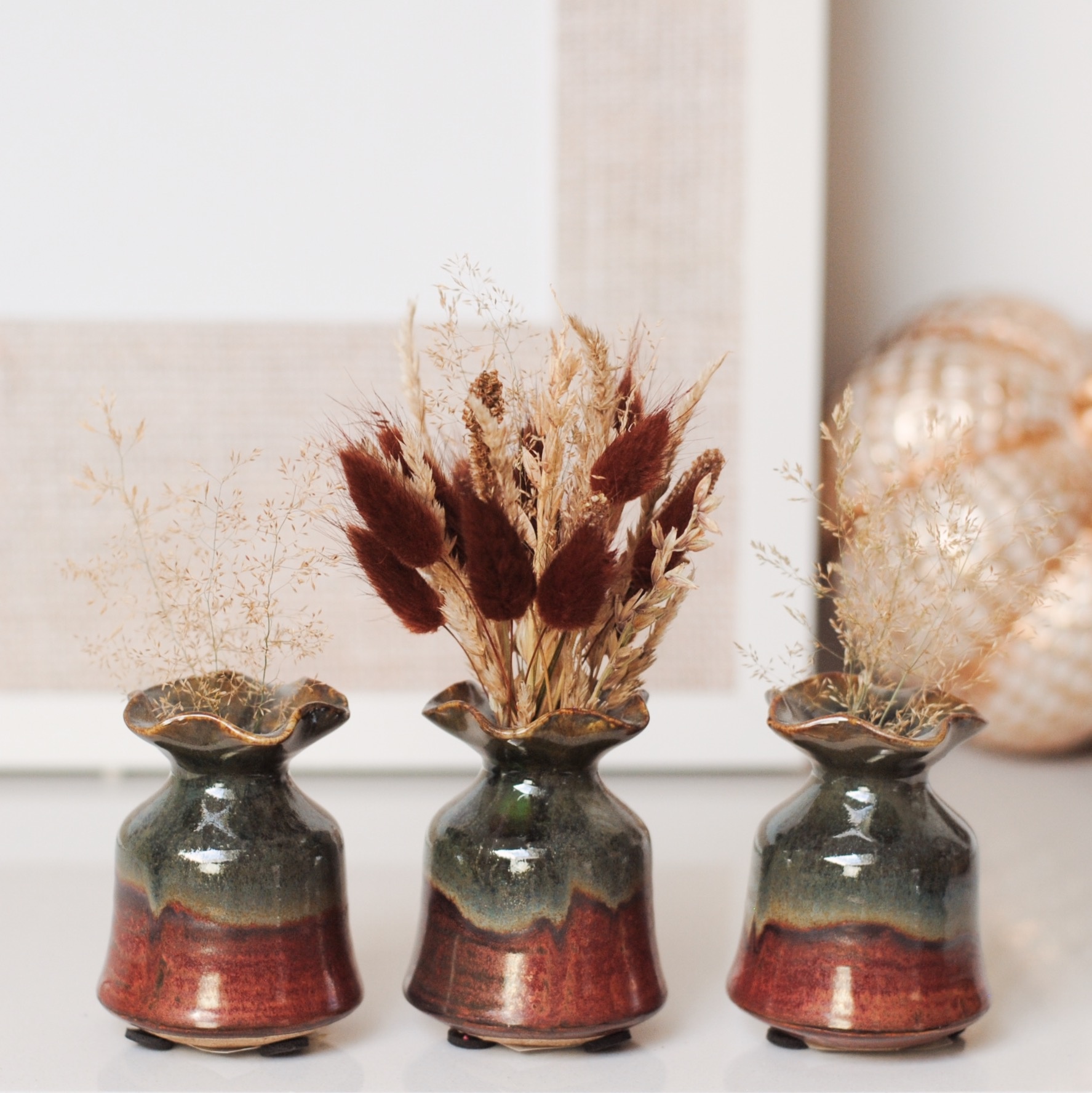 THREE LITTLE VASES & FLOWERS - GLAZED EMERALD