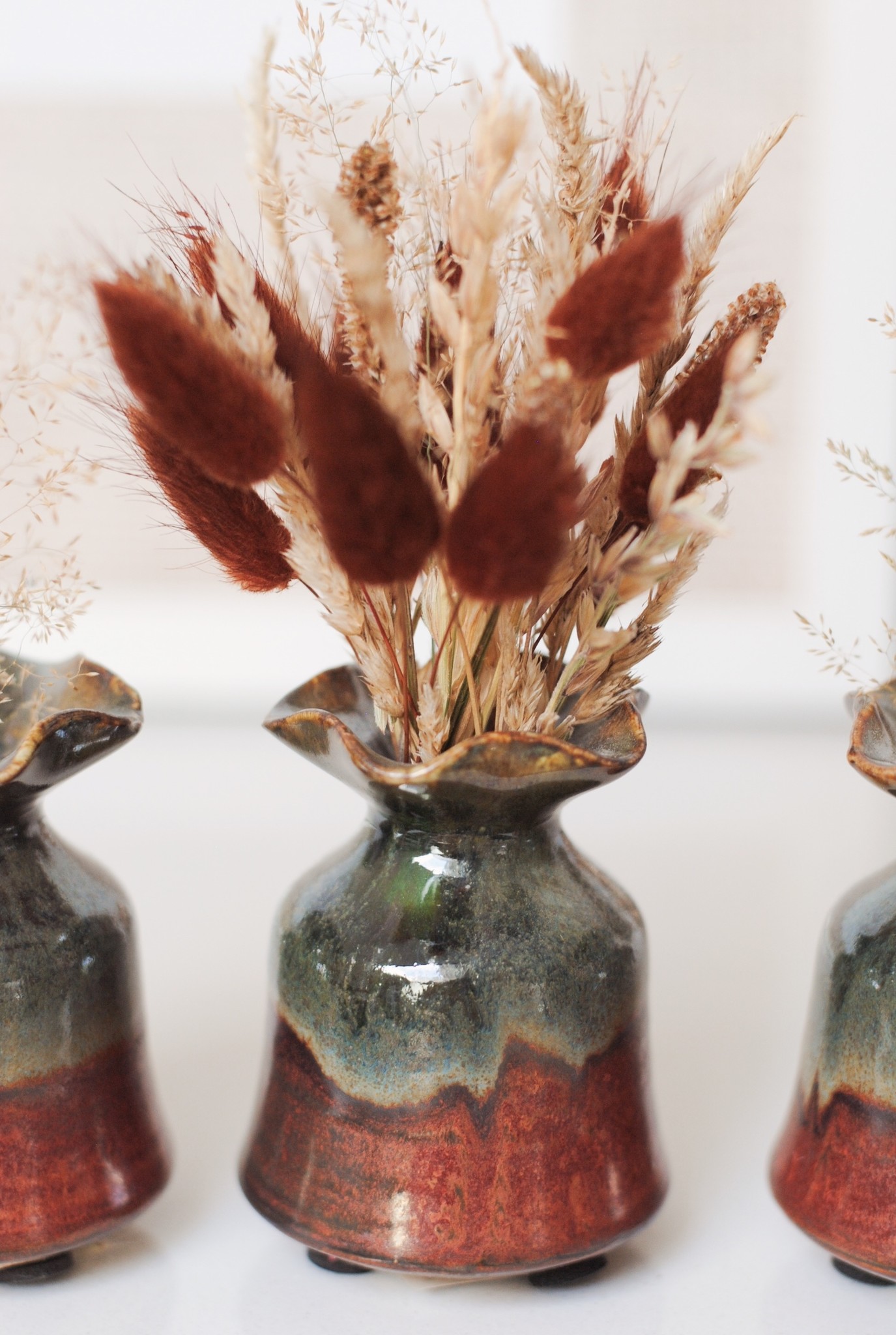 THREE LITTLE VASES & FLOWERS - GLAZED EMERALD