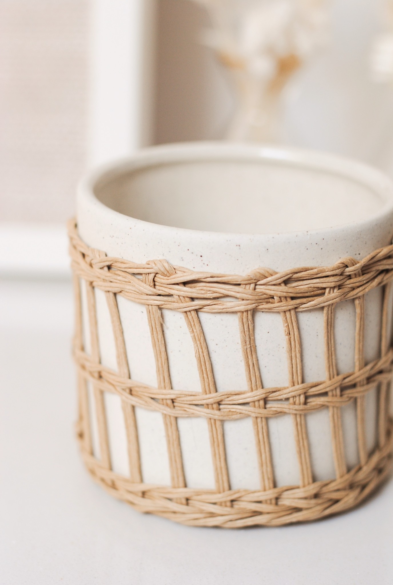 SPECKLED WHITE & WOVEN PLANTER