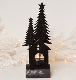 TEALIGHT HOLDER WITH GLITTER TREES & HOUSE