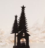 TEALIGHT HOLDER WITH GLITTER TREES & HOUSE