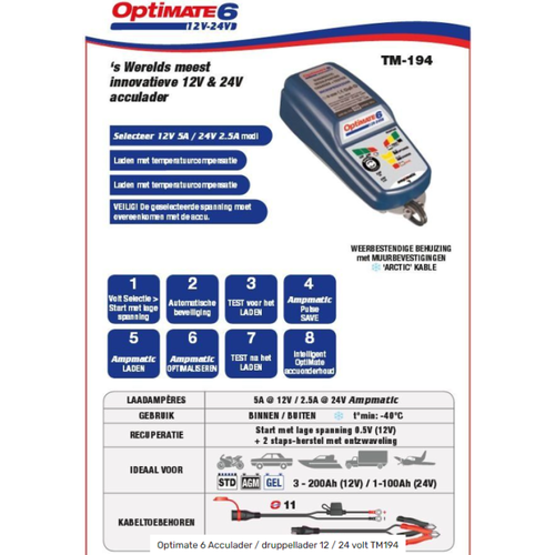 TecMate Tecmate Optimate 6 12V 24V Tm194 Erhaltungsladegerät