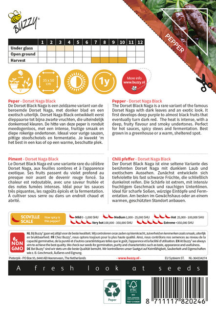 Buzzy® Dorset Naga Black Peperzaden – Extreem Hete Chili 5/5 – Zeldzame Zwarte Variant