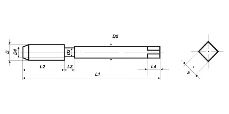 Technische fabrikanttekening van een machinetap met D, L1, L2, D2 en vierkant