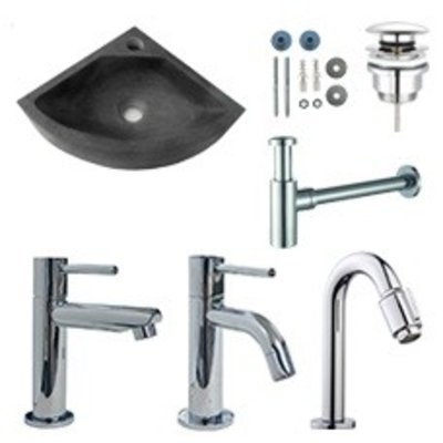 Sanitairstunthal Fonteinset natuursteen hoek 30 x 30 cm compleet met kraan en design afvoer