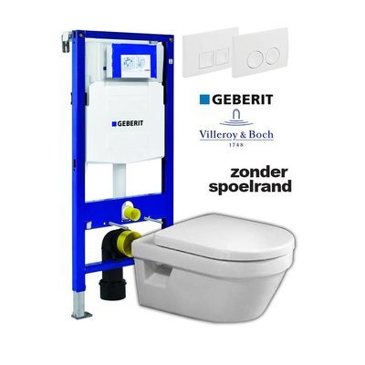 Villeroy en Boch Complete toiletset zonder spoelrand met Geberit reservoir met drukplaat en softclose / quick release toiletzitting