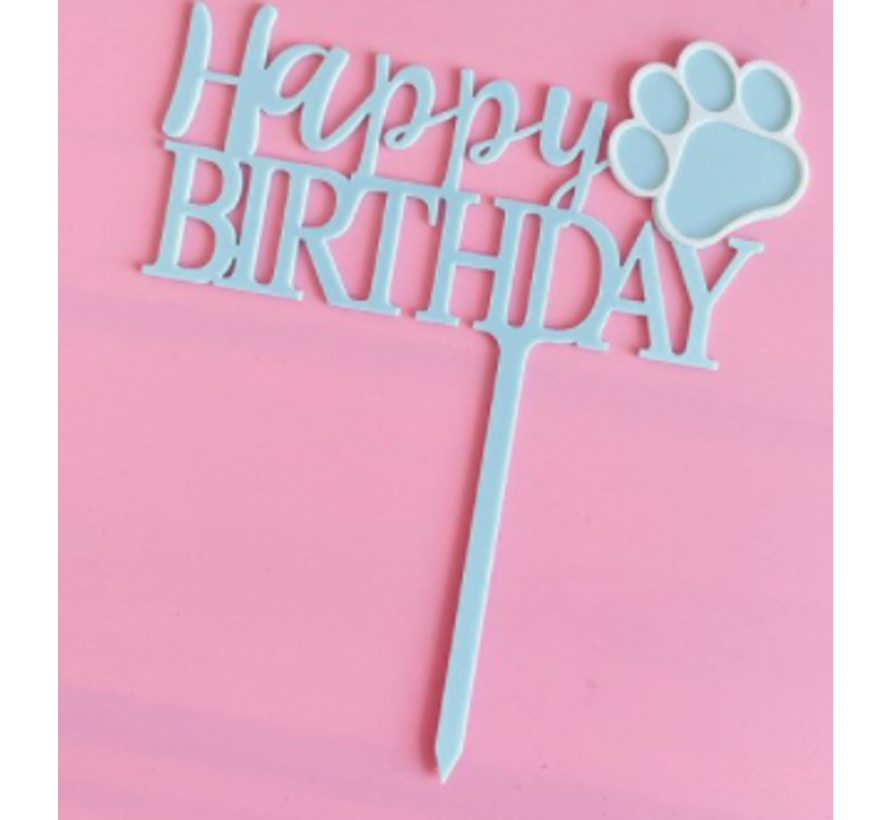 Taart Topper Happy birthday met pootje roze of blauw