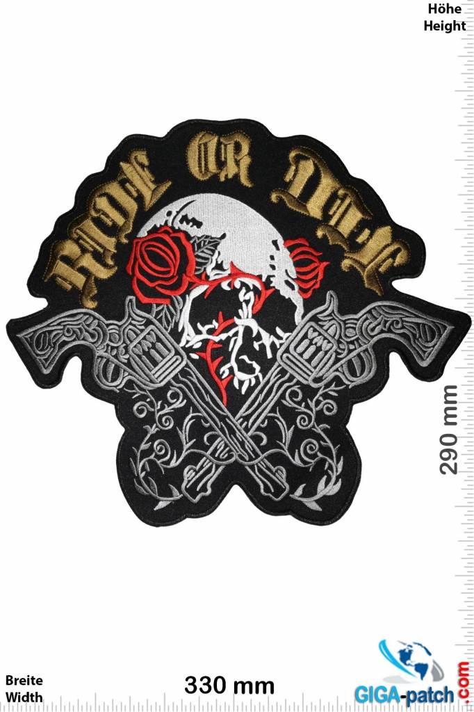 Biker Ride or Die - Totenkopf mit Rose und Revolver - 33 cm - BIG