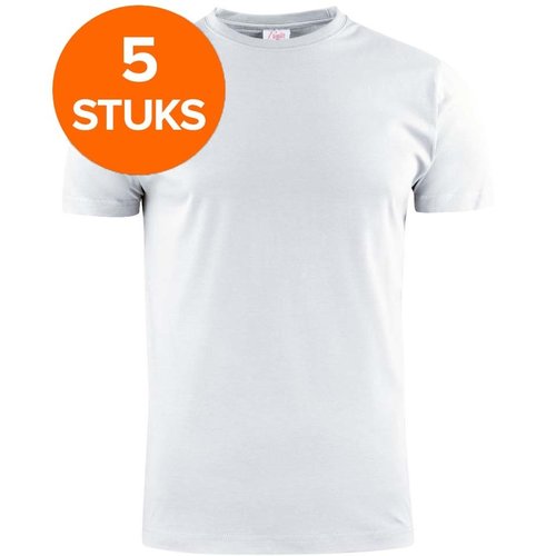 Printer Heavy T-shirt Ronde hals 5 pack wit