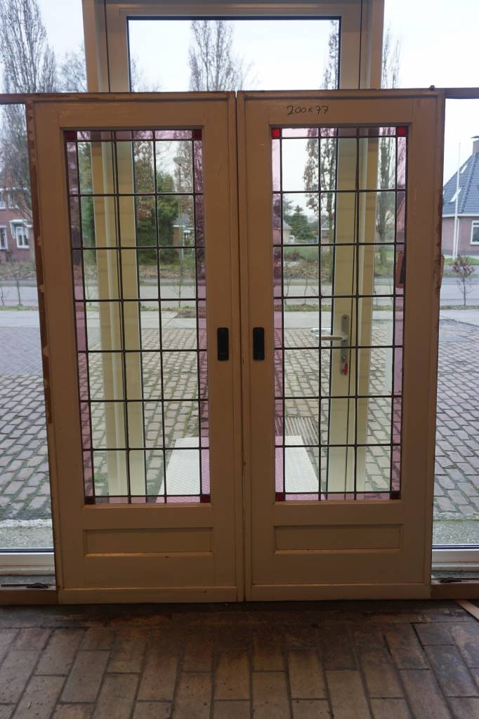 √ jaren '30 en suite deuren met glas in lood - brocantiek de linde