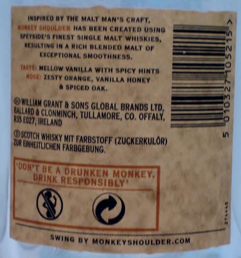 Original Distillery Bottling Monkey Shoulder blended malt Scoth whisky 40% batch27