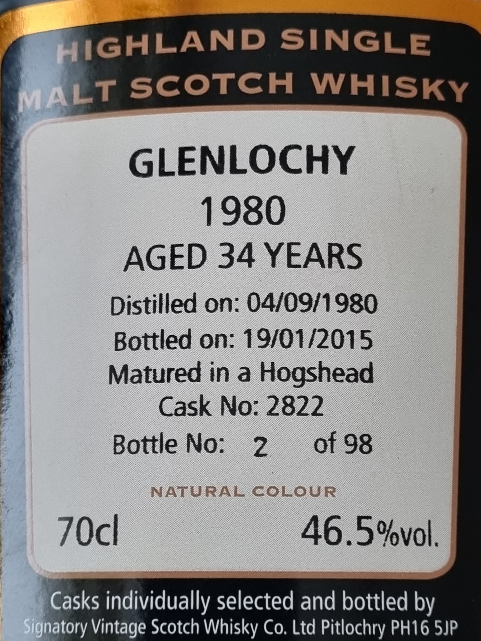 Signatory GLENLOCHY  34Y 1980-2015 46.5%  CASK NR 2822 SIGNATORY VINTAGE CASKSTRENGHT  COLLECTION