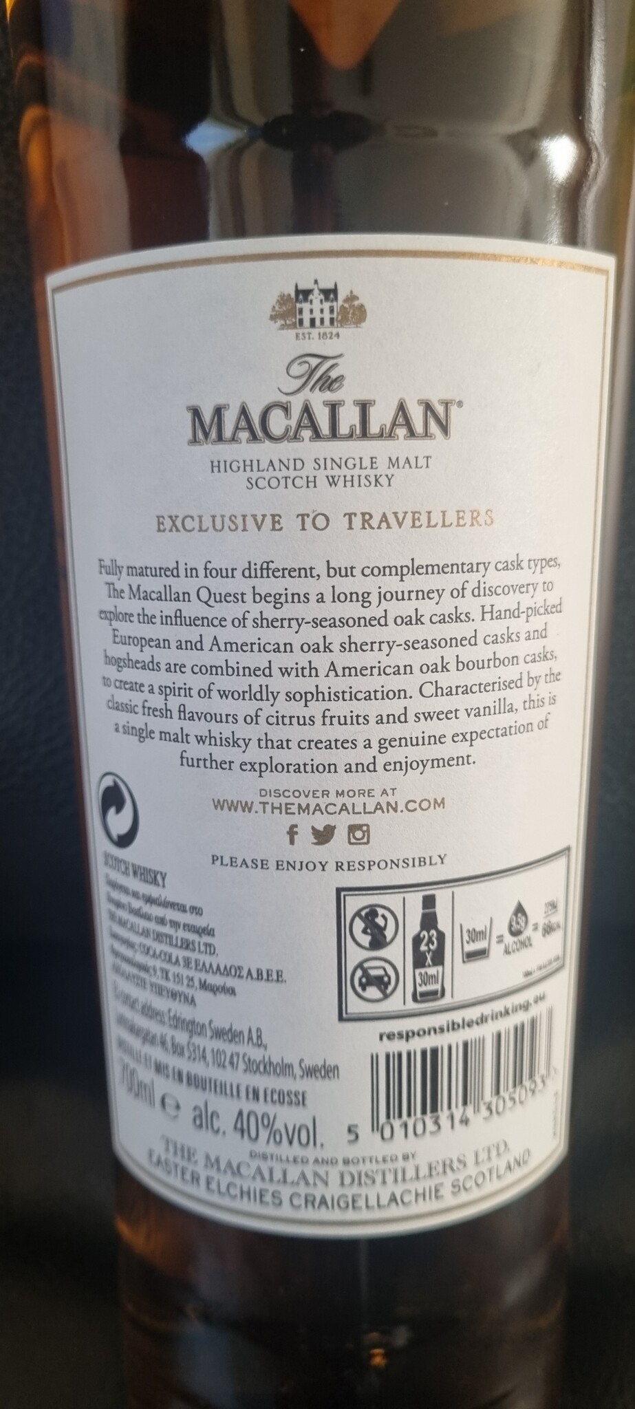 ORIGINAL DISTILLERY BOTLING MACALLAN QUEST 40%  EXCLUSIVE TO TRAVELLERS OB
