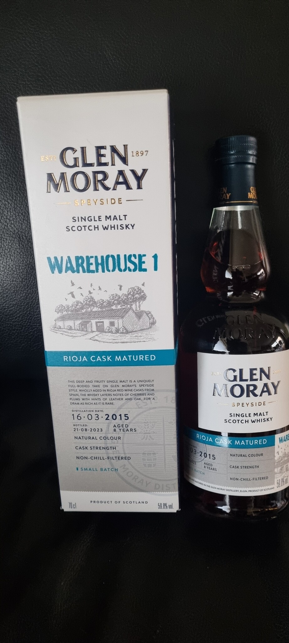 ORIGINAL DISTILLERY BOTLING GLEN MORAY 8Y 2015-2023 RIOJA CASK MATURED 59.8% WAREHOUSE 1 OB