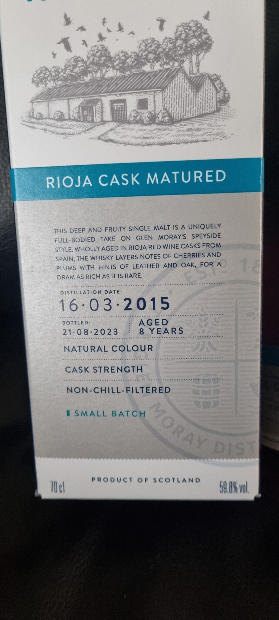 ORIGINAL DISTILLERY BOTLING GLEN MORAY 8Y 2015-2023 RIOJA CASK MATURED 59.8% WAREHOUSE 1 OB