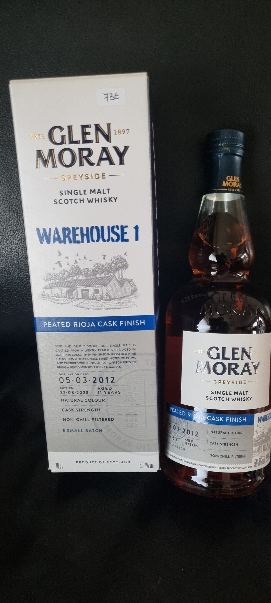 ORIGINAL DISTILLERY BOTLING GLEN MORAY PEATED RIOJA CASK 11Y 2012-2023 58.8% WAREHOUSE 1 OB