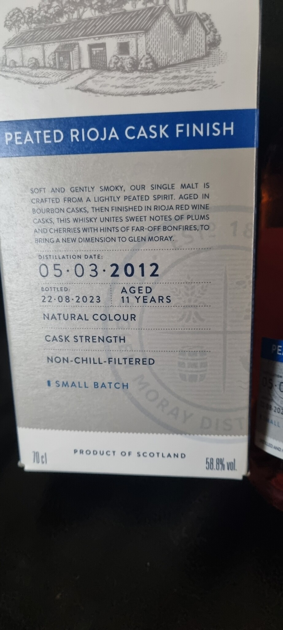 ORIGINAL DISTILLERY BOTLING GLEN MORAY PEATED RIOJA CASK 11Y 2012-2023 58.8% WAREHOUSE 1 OB