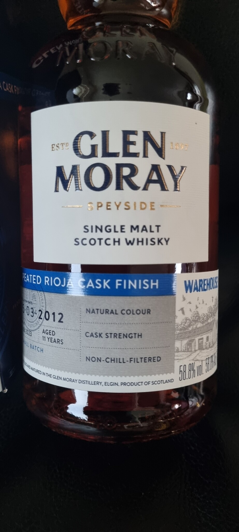 ORIGINAL DISTILLERY BOTLING GLEN MORAY PEATED RIOJA CASK 11Y 2012-2023 58.8% WAREHOUSE 1 OB