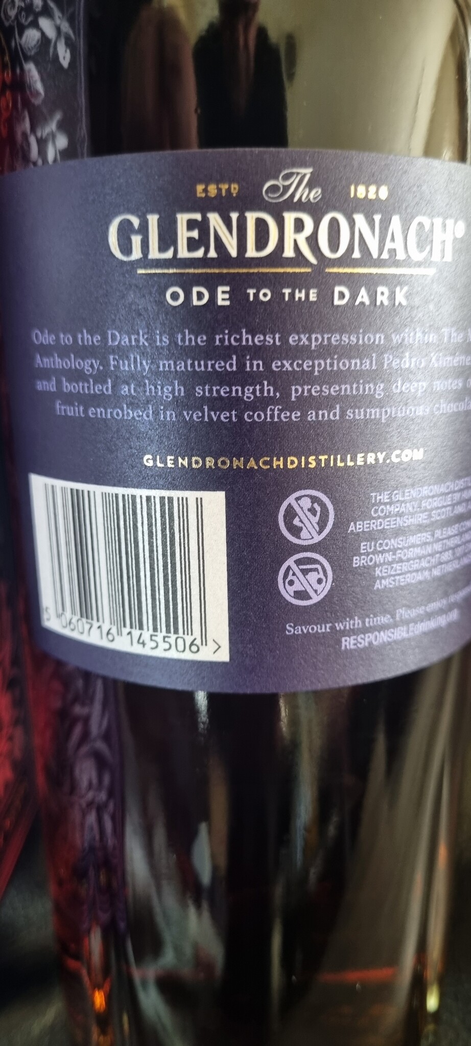 ORIGINAL DISTILLERY BOTLING GLENDRONACH ODE DARK PX SHERRY CASKS  50.8% OBO