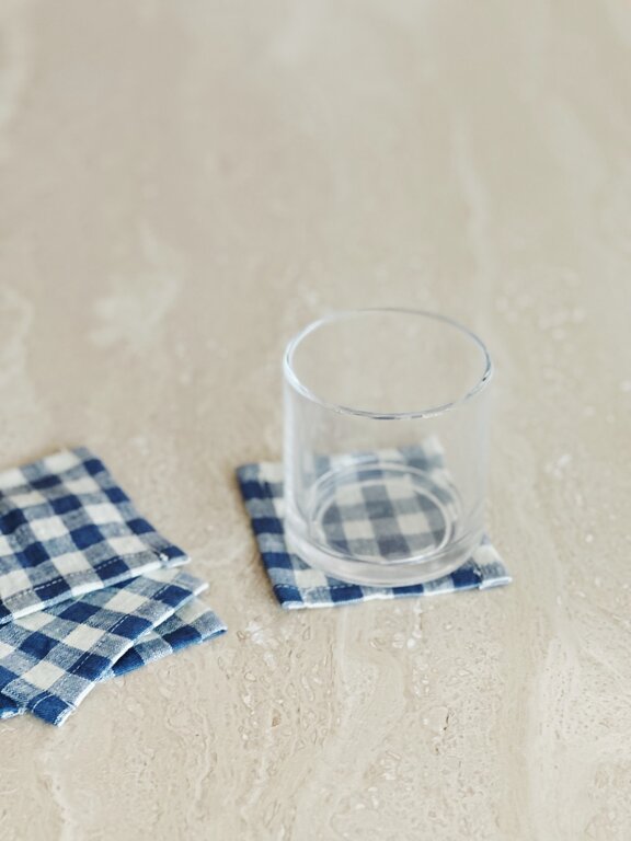 Blue white check Linen set of 4 coasters