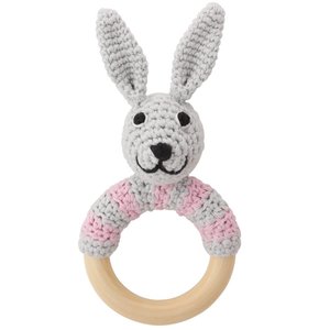 Sindibaba Rattle Bunny on wooden ring grey/pink