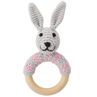 Sindibaba Rassel Hase am Holzring grey/pink