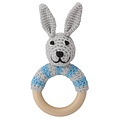 Sindibaba Rattle Bunny on wooden ring grey/blue