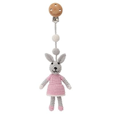 Sindibaba Pram clip with rattel bunny grey/pink